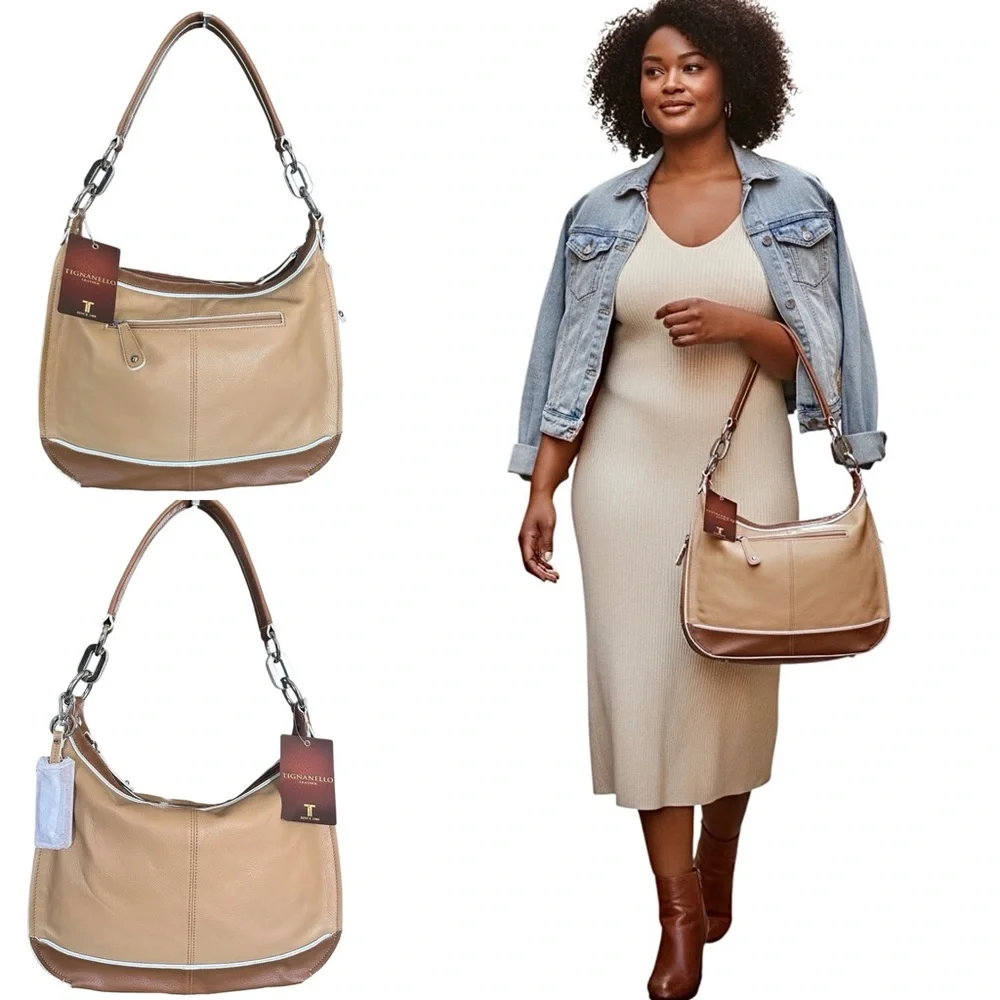Tignanello Two-Tone Tan & Brown Leather Shoulder Bag White Ribbed Details New!